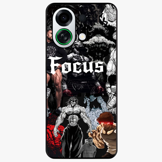 Relentless Power Focus Glass Case showing flat back view with motivational typography artwork and glossy glass finish.