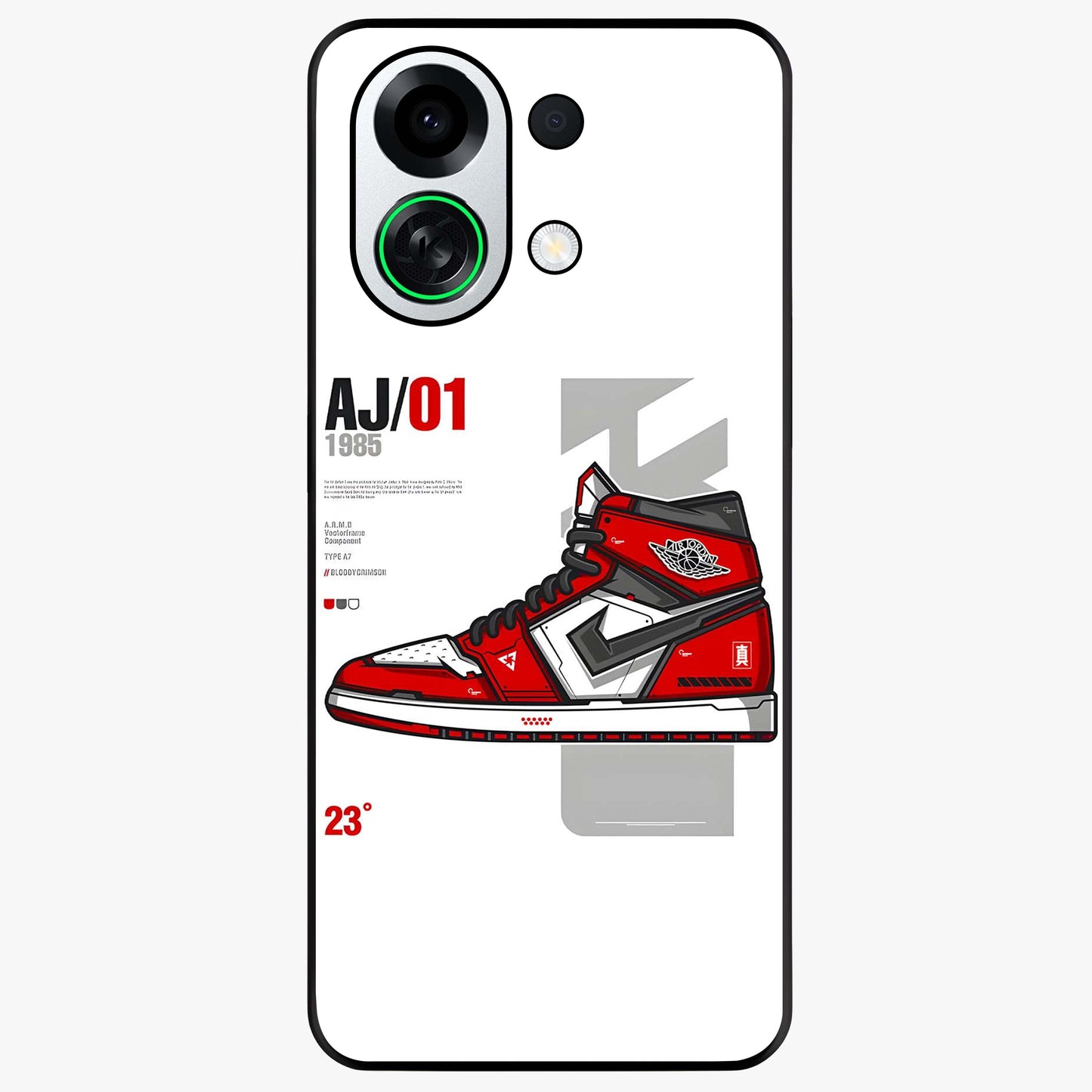 Retro Sneaker Blueprint Glass Case showing flat back view with sneaker blueprint style artwork and glossy glass finish.