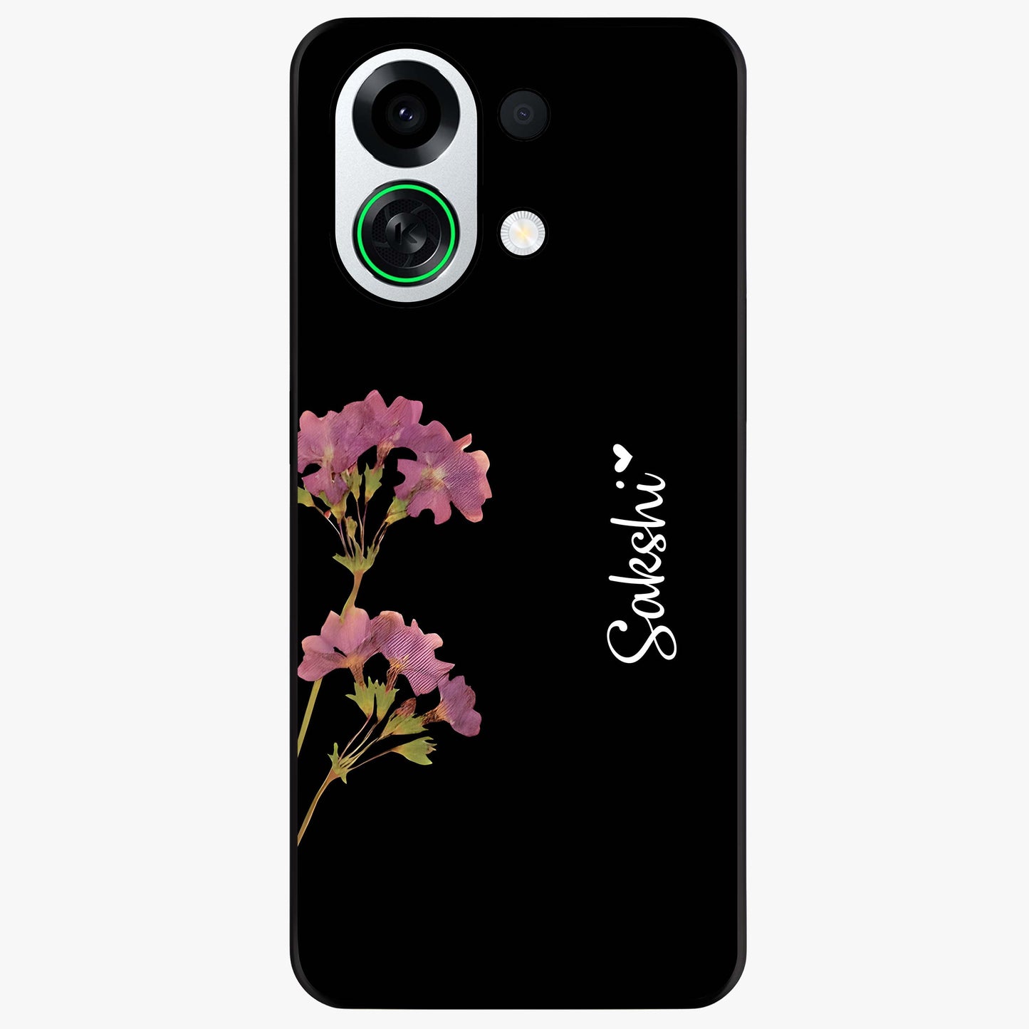 Riching Lavender Flower Custom Name Glass Case showing flat back view with lavender floral artwork and personalized name design.