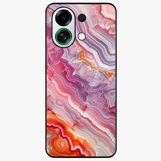 Rose Quartz Marble Glass Case showing flat back view with pink marble quartz texture artwork and glossy glass finish.
