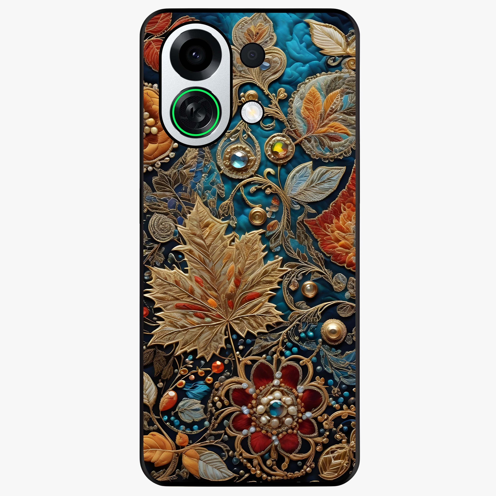 Royal Jewel Garden Glass Case showing flat back view with decorative floral garden artwork and glossy glass finish.