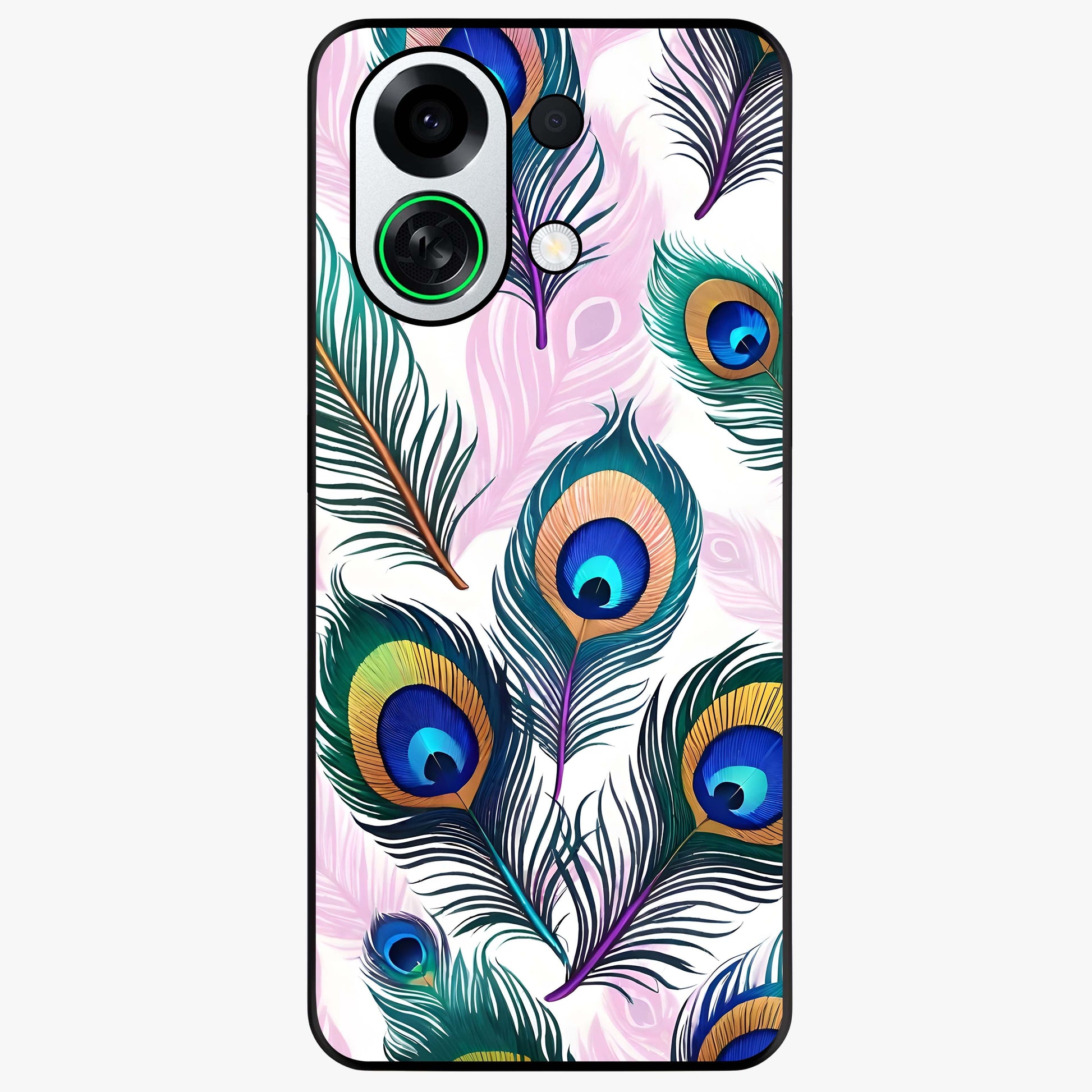 Royal Peacock Feathers Glass Case showing flat back view with colorful peacock feather artwork and glossy glass finish.