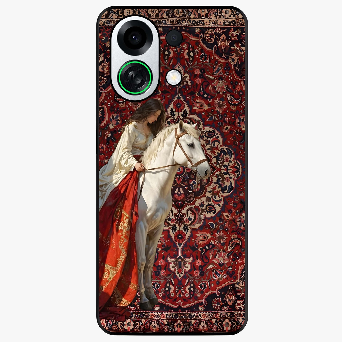 Royal Rider Tapestry Glass Case showing flat back view with majestic horse rider tapestry artwork and glossy glass finish.