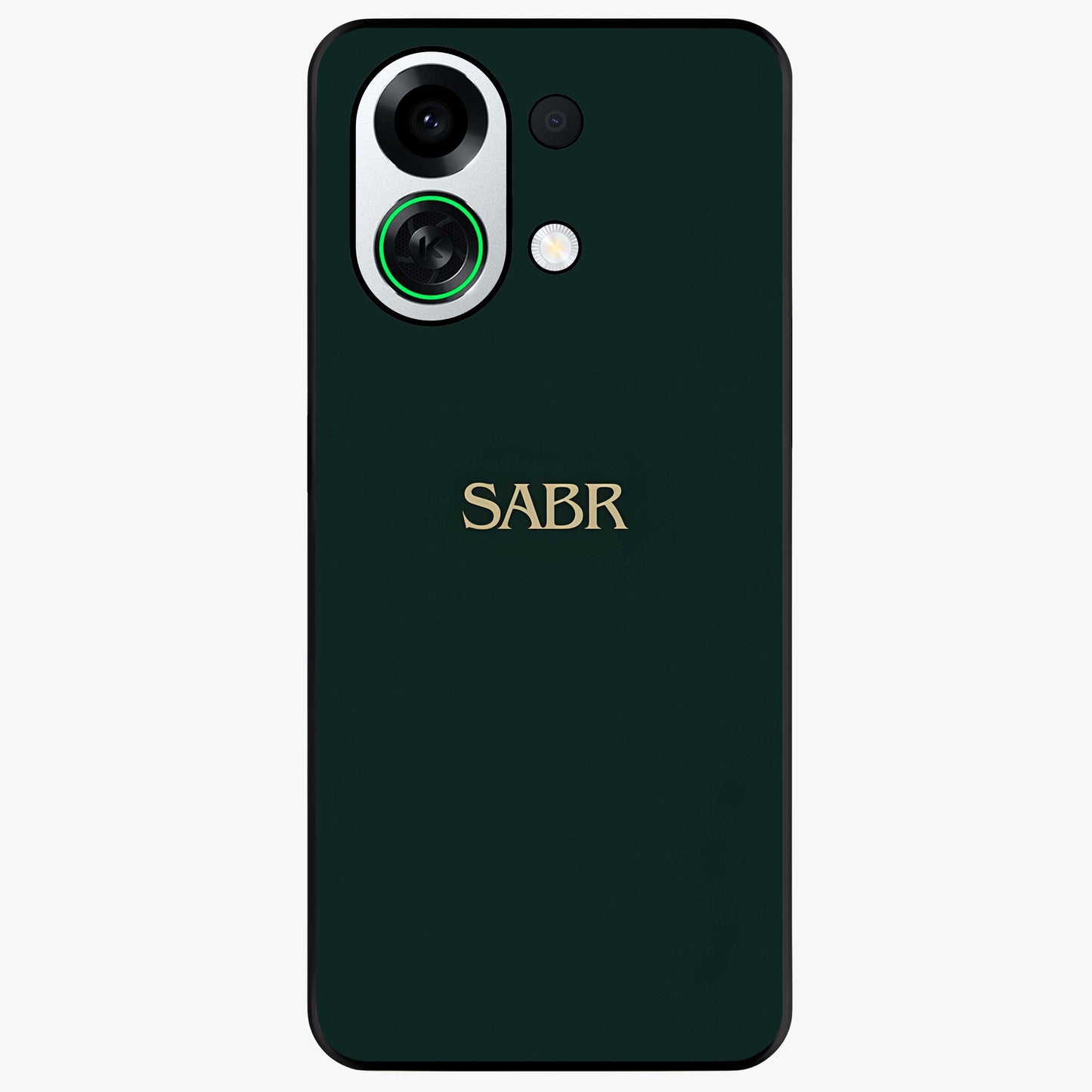 Sabr Minimal Patience Glass Case showing flat back view with minimalist typography artwork and glossy glass finish.