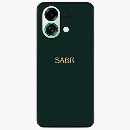 Sabr Minimal Patience Glass Case showing flat back view with minimalist typography artwork and glossy glass finish.