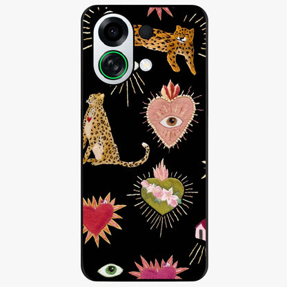 Sacred Jungle Heart Glass Case showing flat back view with jungle inspired heart artwork and glossy glass finish.