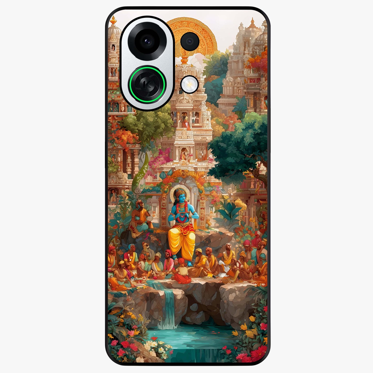 Sacred Sunlight Gods Glass Case showing flat back view with divine sunlight themed artwork and glossy glass finish.