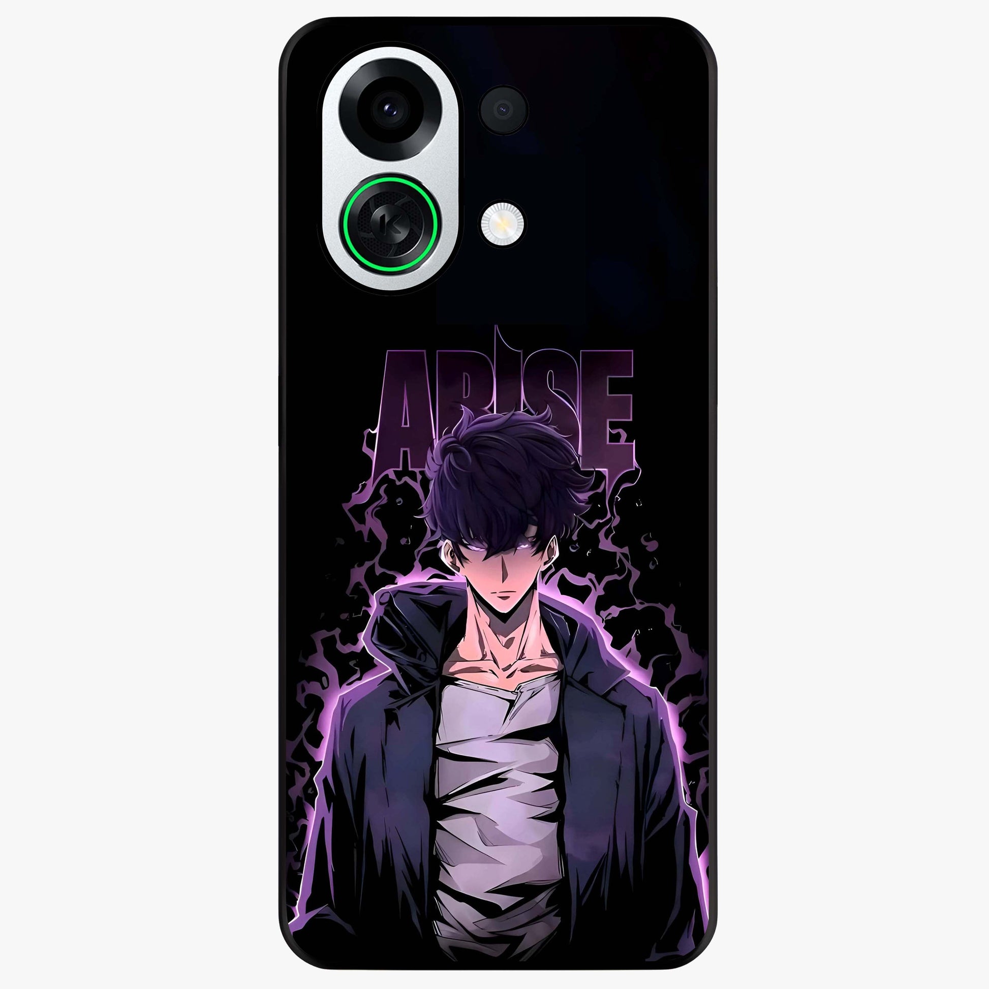 Shadow Monarch Awakening Glass Case showing flat back view with powerful dark monarch themed artwork and glossy glass finish.