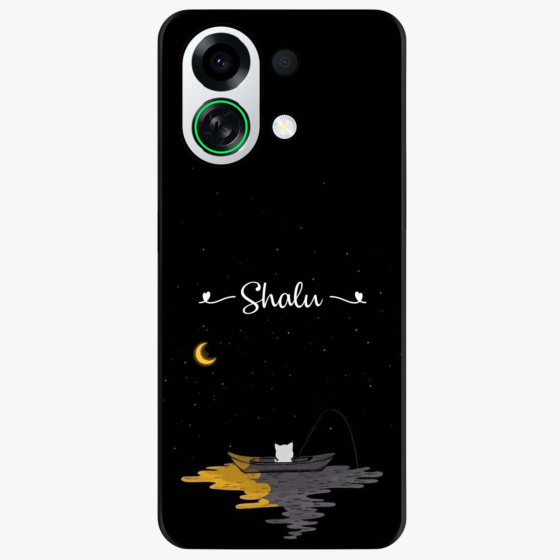 Silent Night Row Glass Case showing flat back view with calm night themed artwork and glossy glass finish.