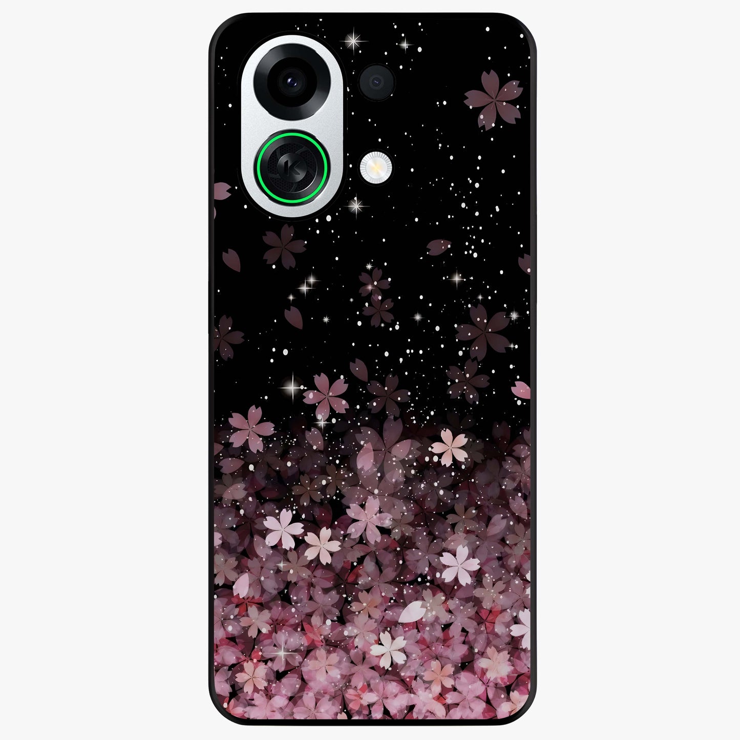 Small Starry Flowers Glass Case showing flat back view with delicate starry floral artwork and glossy glass finish.