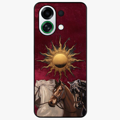 Solar Riders Glass Case showing flat back view with dynamic rider themed artwork and glossy glass finish.