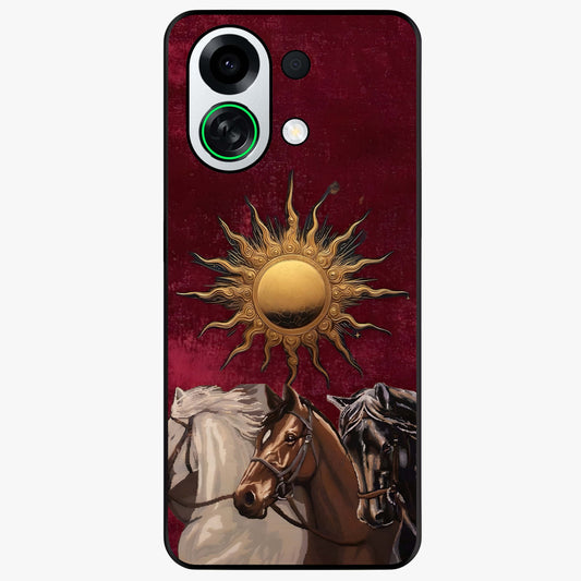 Solar Riders Glass Case showing flat back view with dynamic rider themed artwork and glossy glass finish.