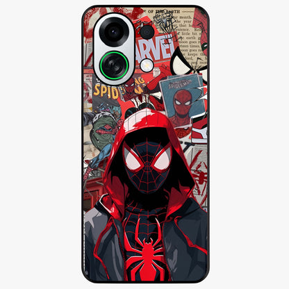 Spider Collage Street Glass Case showing flat back view with vibrant superhero collage artwork and glossy glass finish.