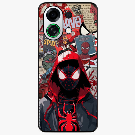 Spider Collage Street Glass Case showing flat back view with vibrant superhero collage artwork and glossy glass finish.