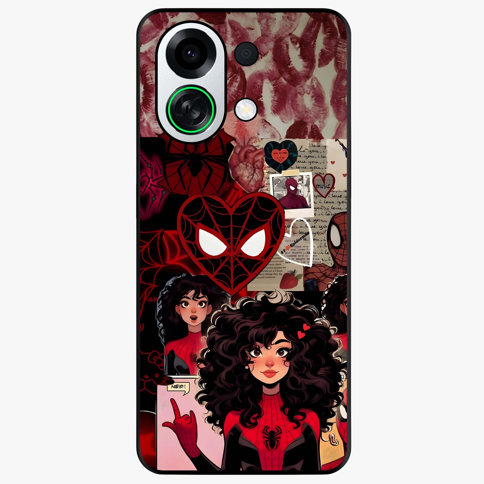Spider Love Story Glass Case showing flat back view with romantic superhero themed artwork and glossy glass finish.