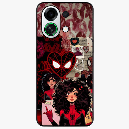 Spider Love Story Glass Case showing flat back view with romantic superhero themed artwork and glossy glass finish.