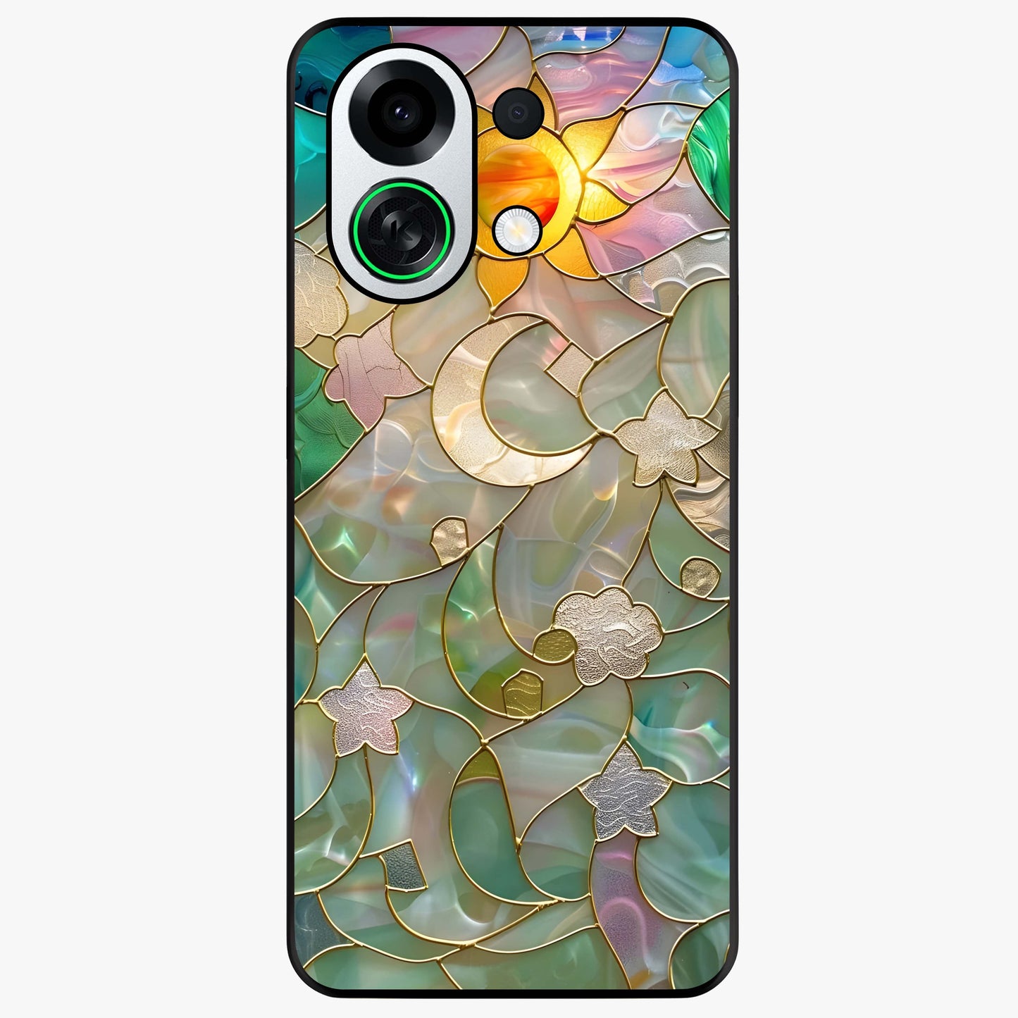 Stained Sunrise Glow Glass Case showing flat back view with glowing sunrise stained pattern artwork and glossy glass finish.