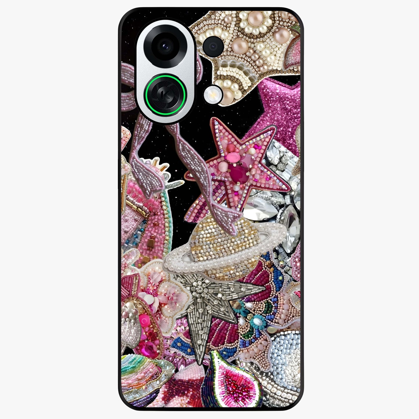 Starlit Jewel Dream Glass Case showing flat back view with sparkling jewel and star themed artwork and glossy glass finish.