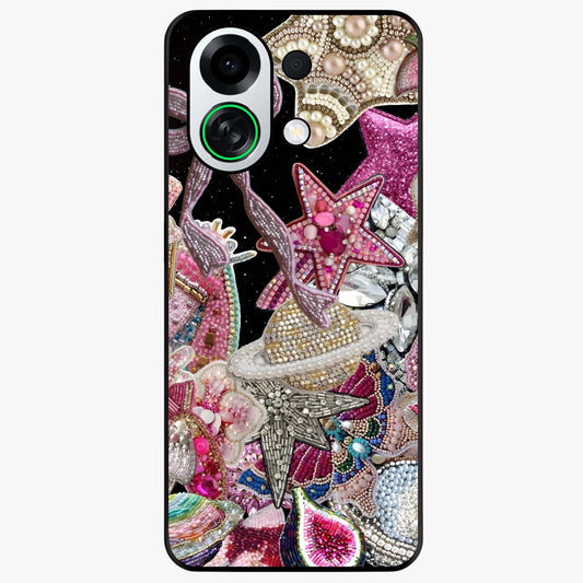 Starlit Jewel Dream Glass Case showing flat back view with sparkling jewel and star themed artwork and glossy glass finish.