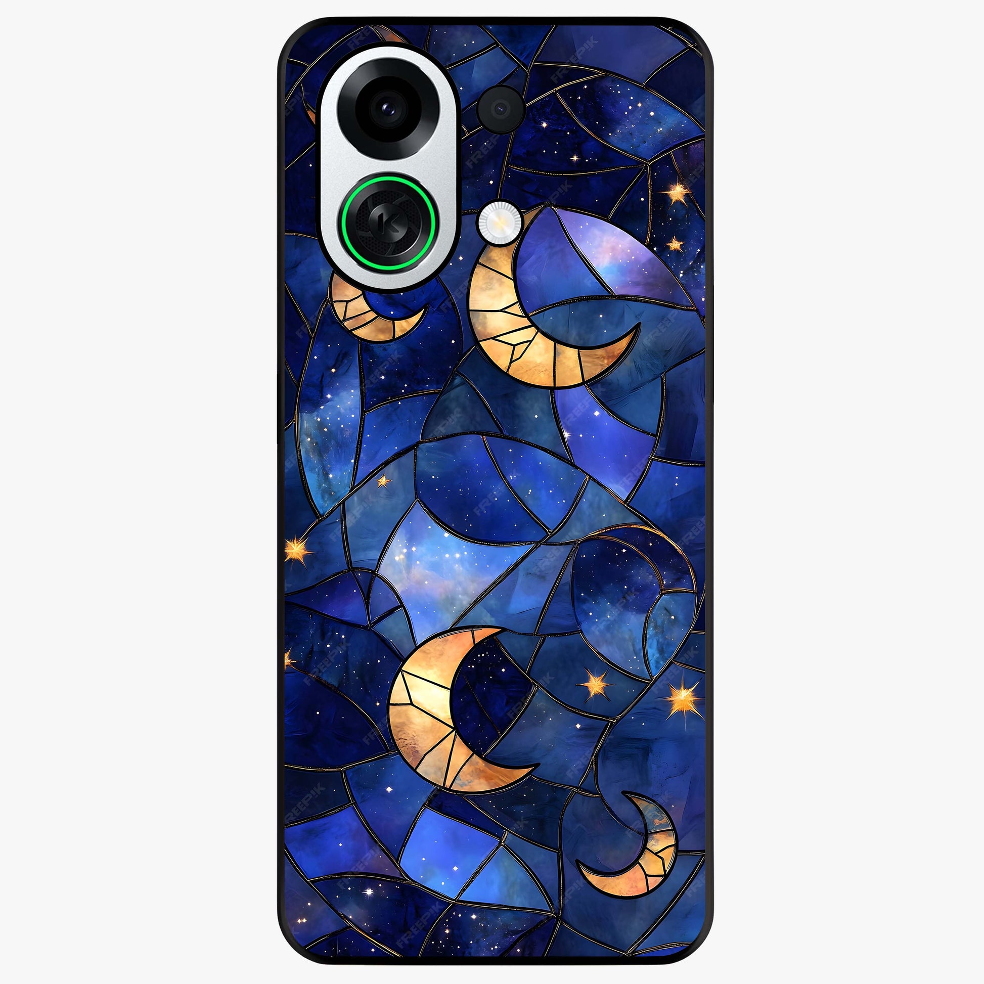 Starlit Sky Tapestry Glass Case showing flat back view with decorative starry sky tapestry artwork and glossy glass finish.