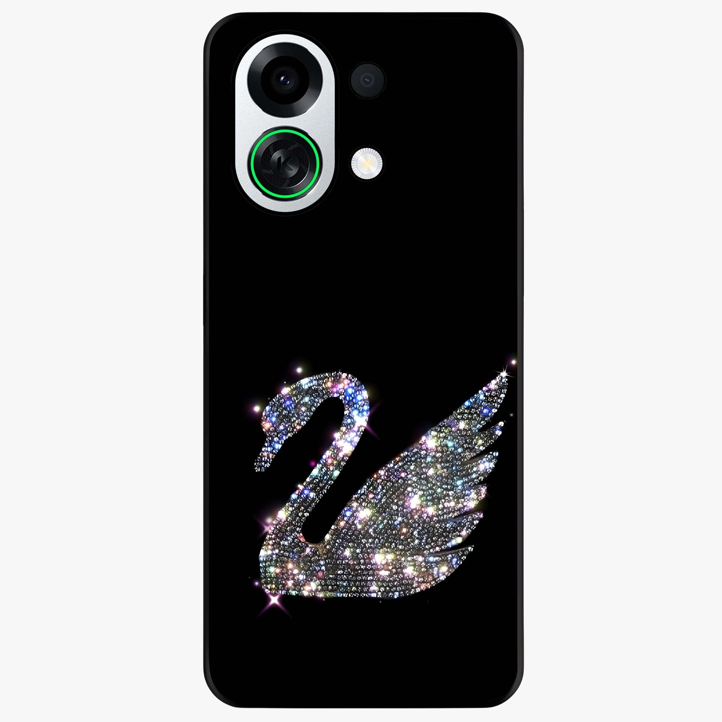 Starlit Swan Grace Glass Case showing flat back view with graceful swan artwork under starry sky and glossy glass finish.