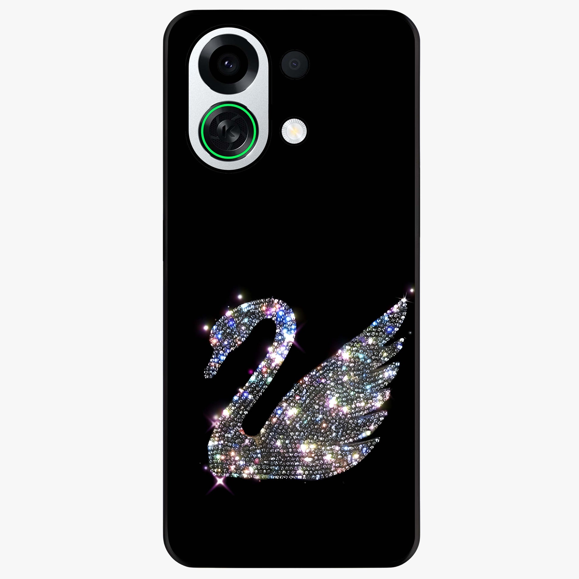 Starlit Swan Grace Glass Case showing flat back view with graceful swan artwork under starry sky and glossy glass finish.