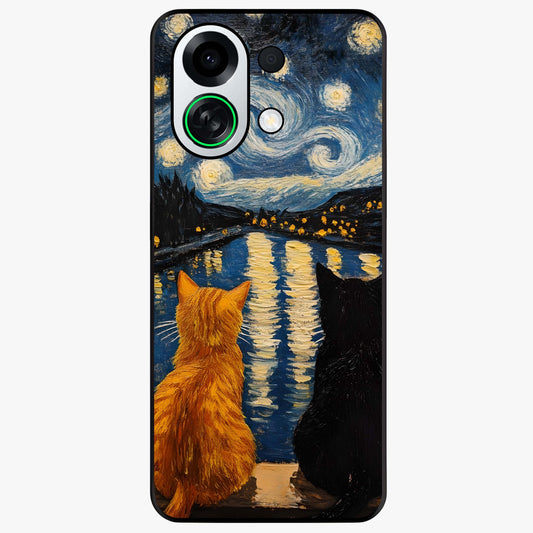 Starry River Cats Glass Case showing flat back view with cats by a starry river artwork and glossy glass finish.