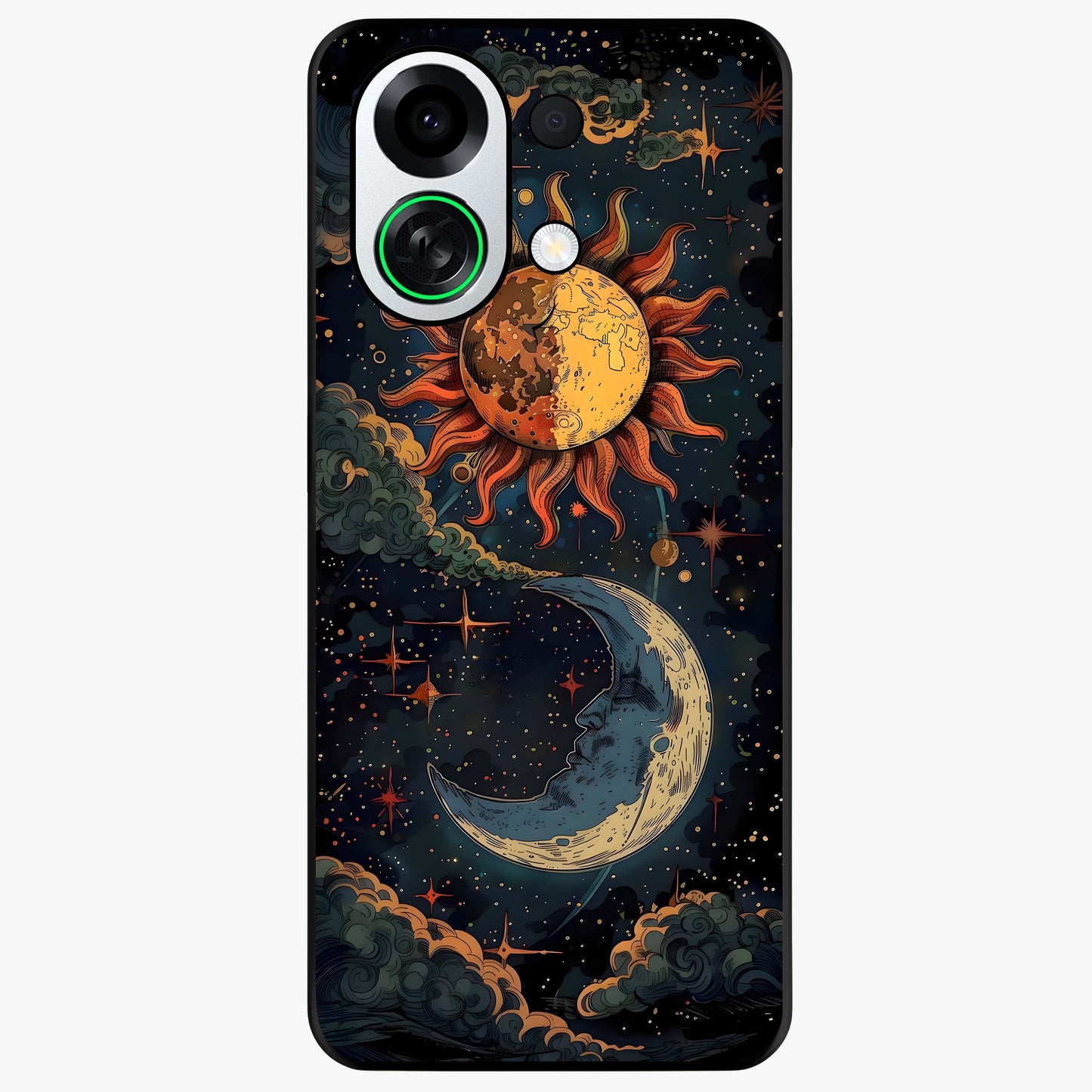 Sun And Moon Magic Design Glass Case showing flat back view with mystical sun and moon artwork and glossy glass finish.