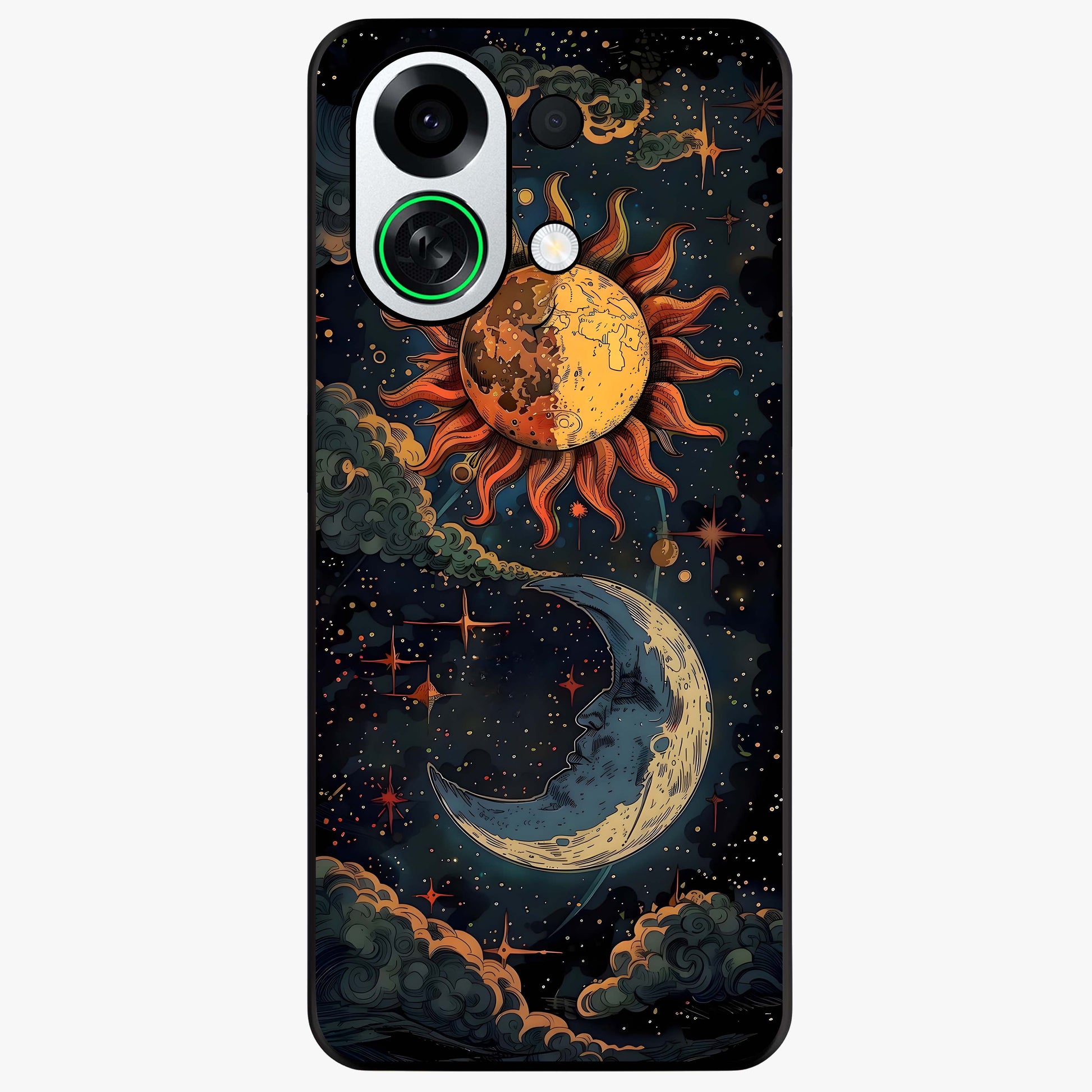 Sun And Moon Magic Design Glass Case showing flat back view with mystical sun and moon artwork and glossy glass finish.