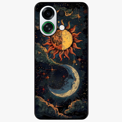Sun And Moon Magic Design Glass Case showing flat back view with mystical sun and moon artwork and glossy glass finish.
