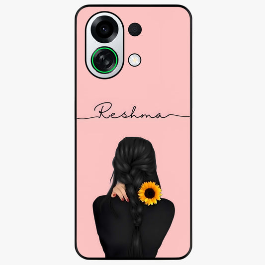Sunflower Braid Beauty With Custom Name Glass Case showing flat back view with sunflower braid artwork and personalized name design.