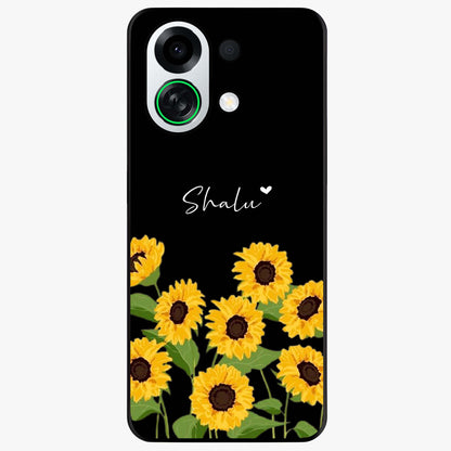 Sunflower Chic Mood Custom Name Glass Case showing flat back view with stylish sunflower artwork and personalized name design.