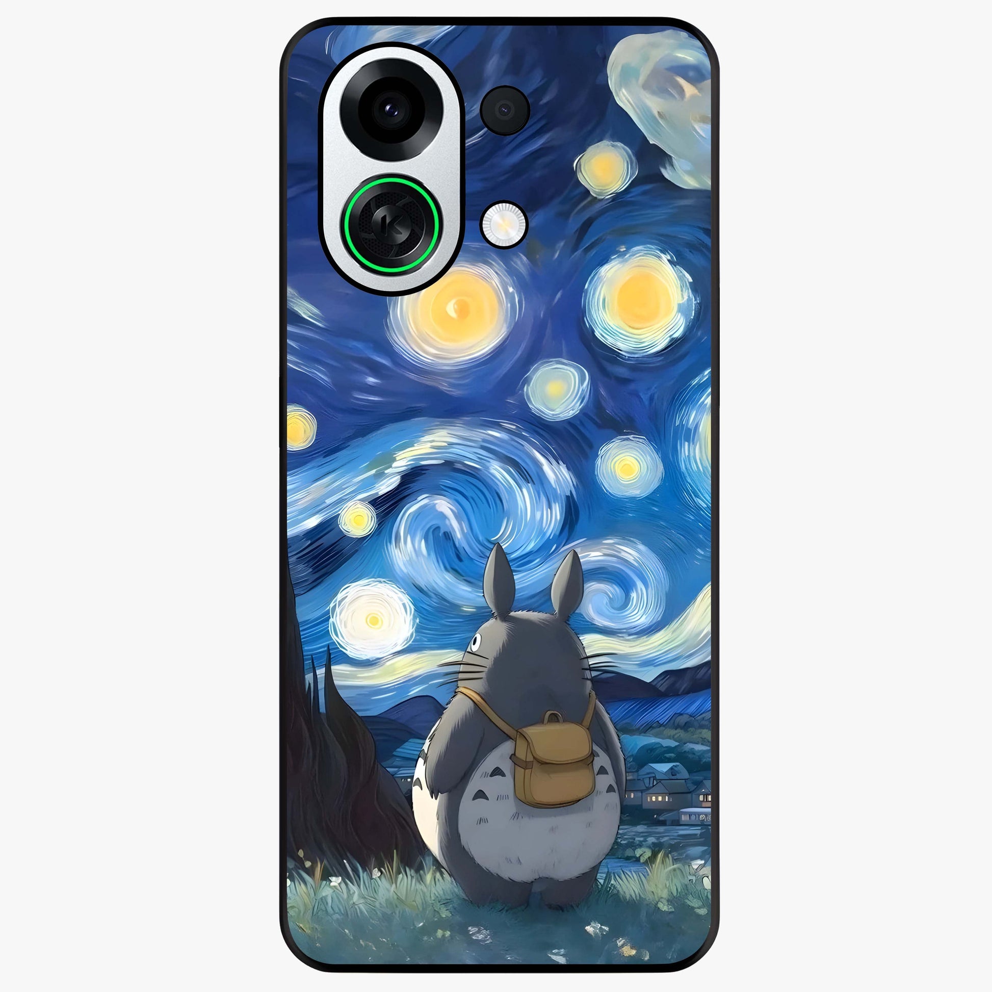 Totoro In Van Gogh Art Glass Case showing flat back view with whimsical character artwork inspired by Van Gogh style and glossy glass finish.