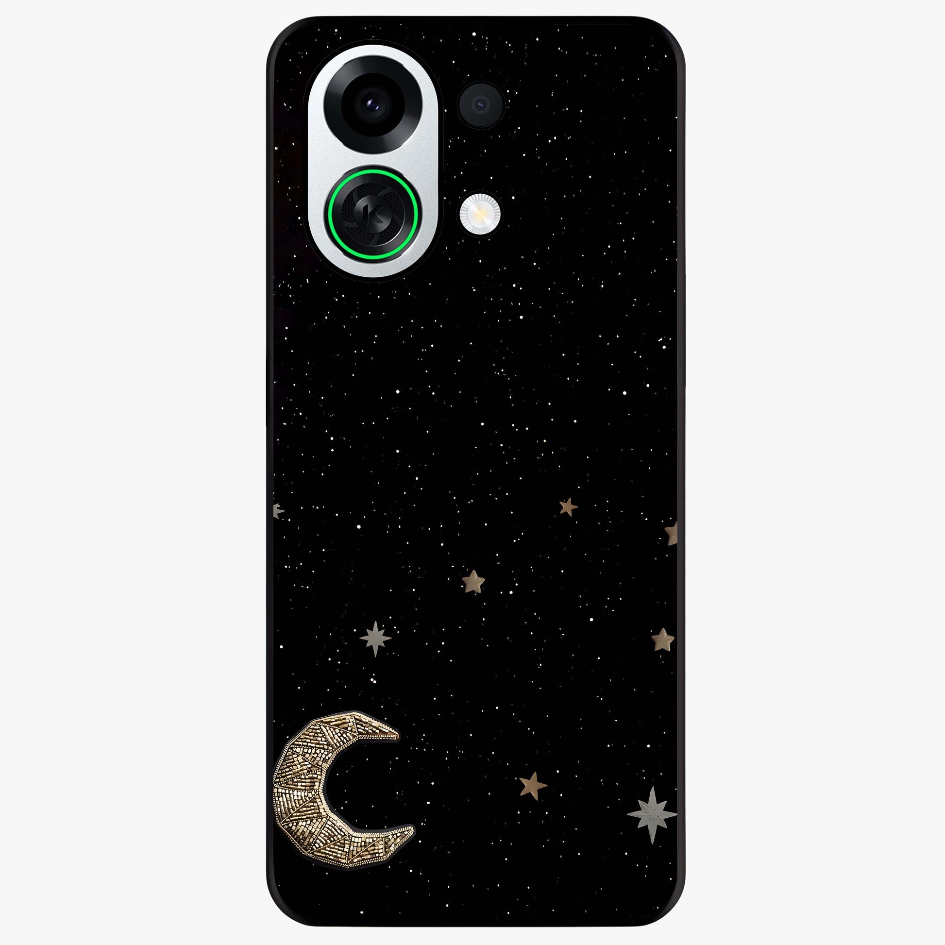 Twinkle Star With Half Moon Glass Case showing flat back view with star and half moon artwork and glossy glass finish.