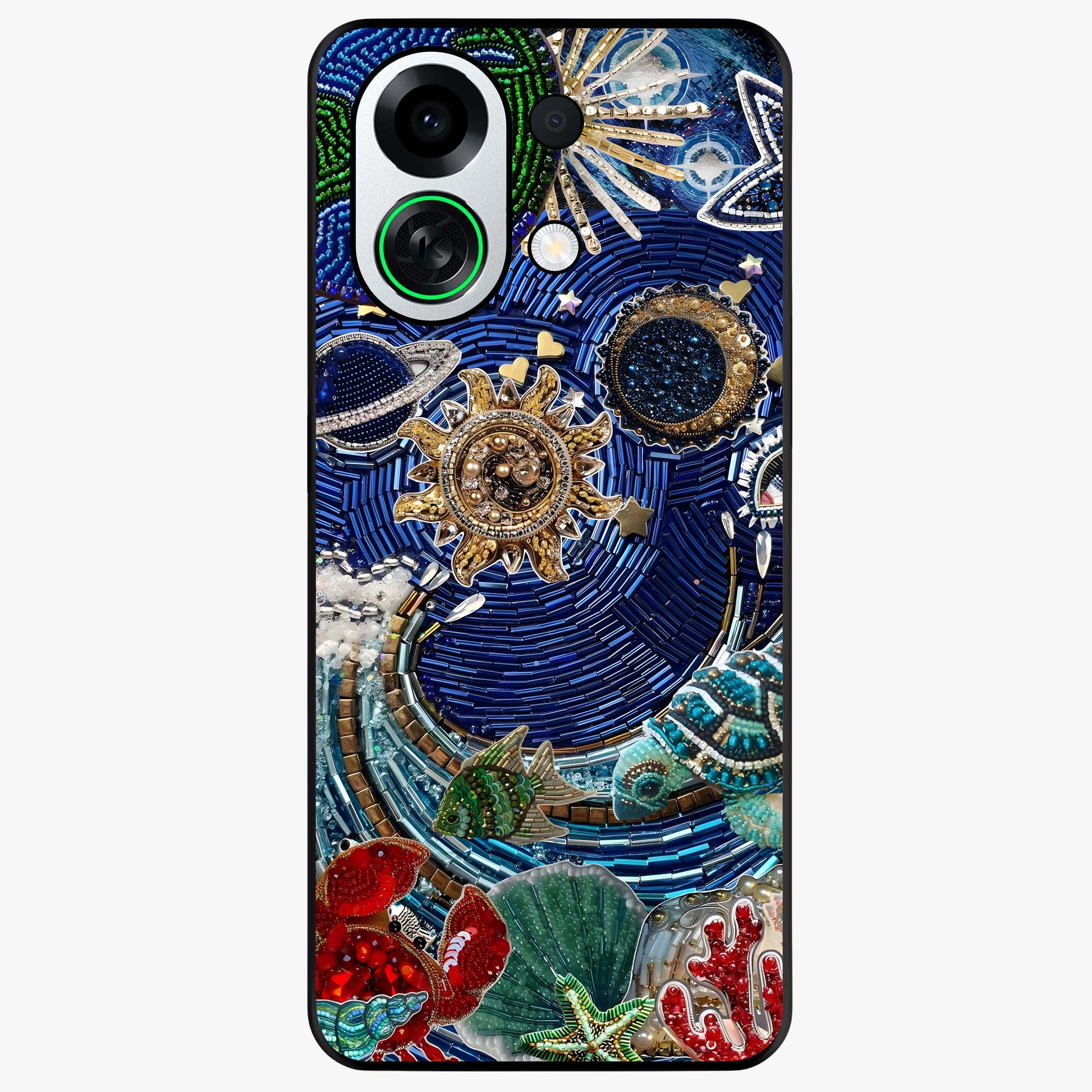 Universe Underwater Spark Glass Case showing flat back view with cosmic underwater themed artwork and glossy glass finish.