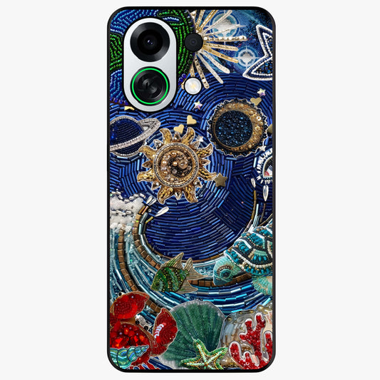 Universe Underwater Spark Glass Case showing flat back view with cosmic underwater themed artwork and glossy glass finish.