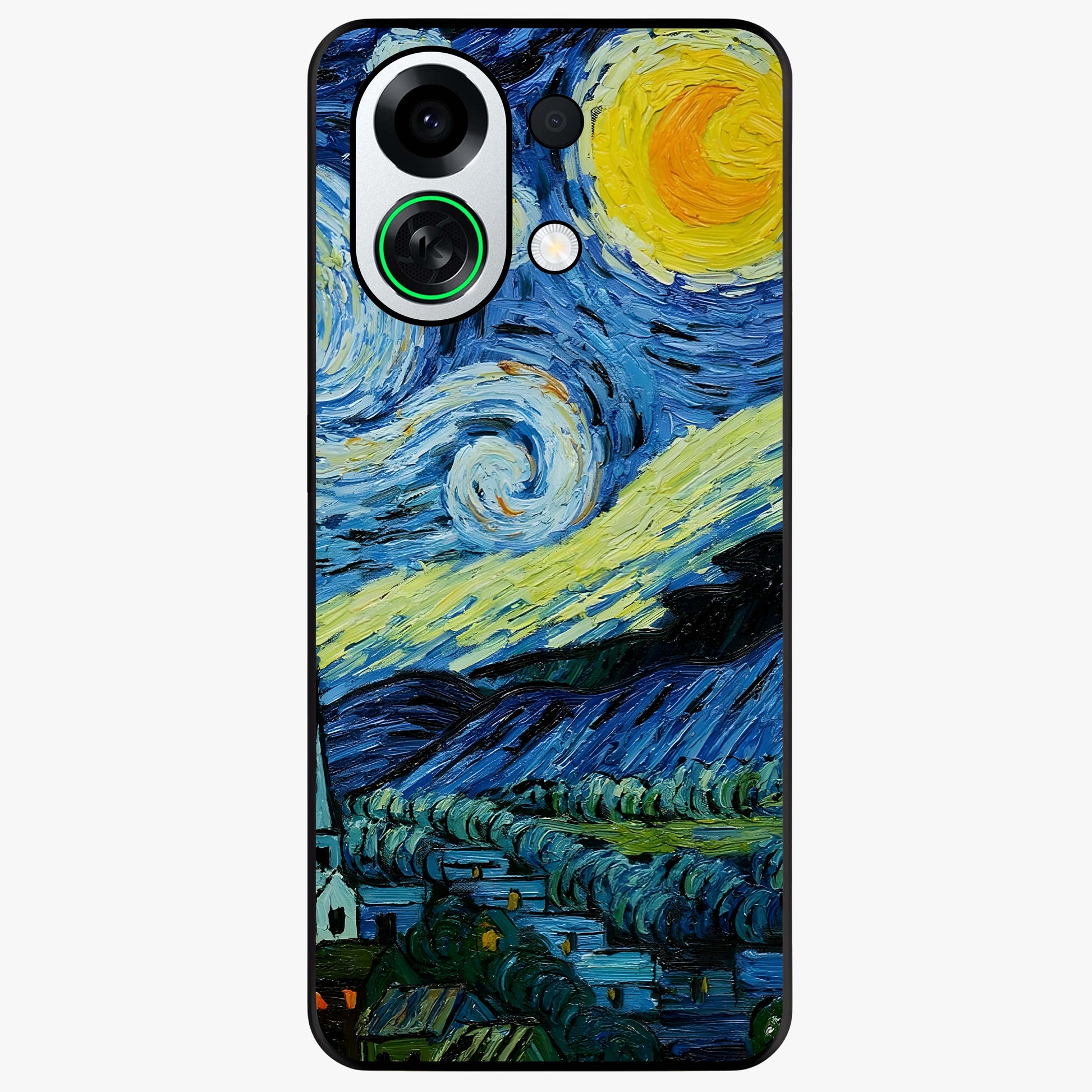 Van Gogh Art Glass Case showing flat back view with classic painterly artwork inspired by Van Gogh style and glossy glass finish.