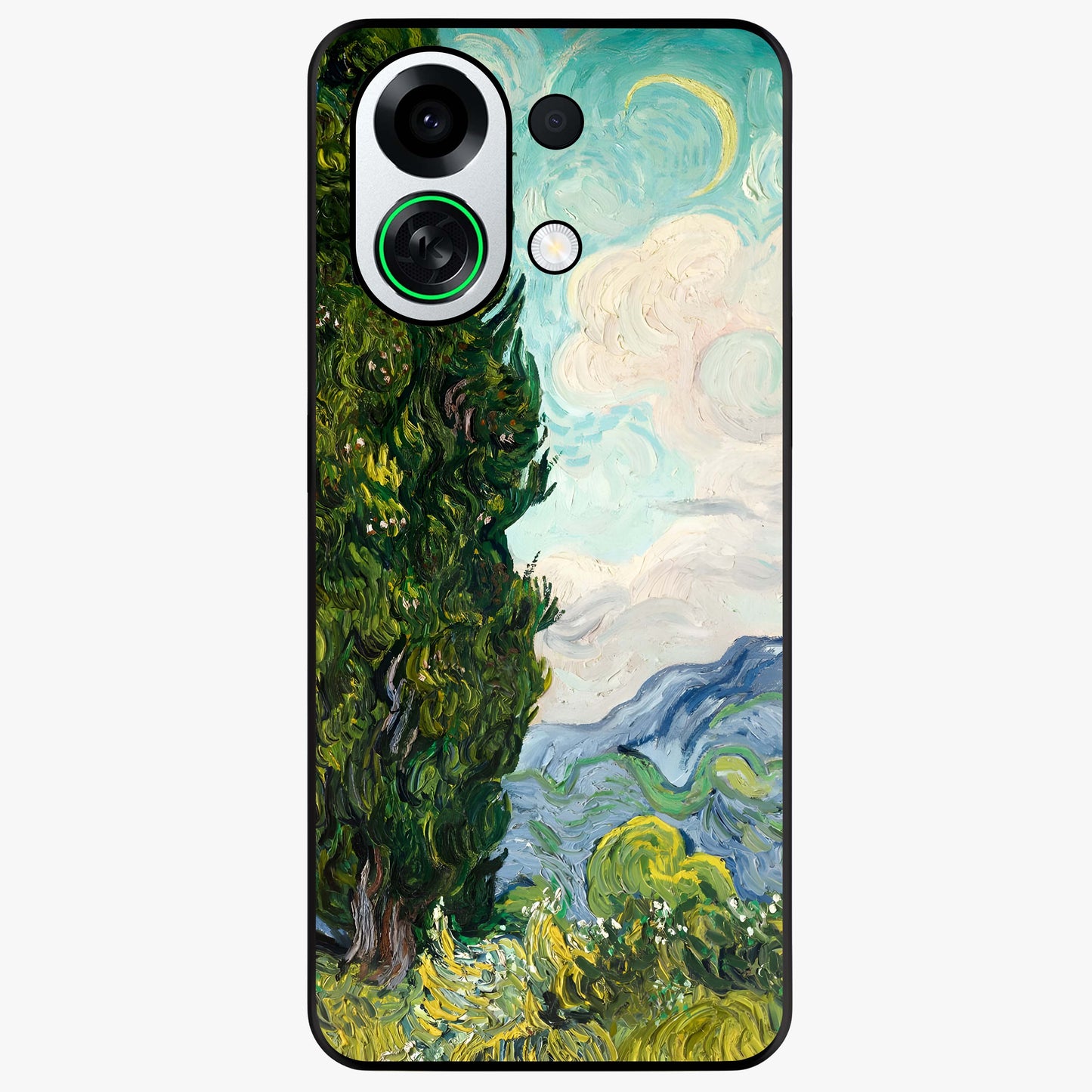 Van Gogh Vintage Art Glass Case showing flat back view with vintage painterly artwork inspired by Van Gogh style and glossy glass finish.