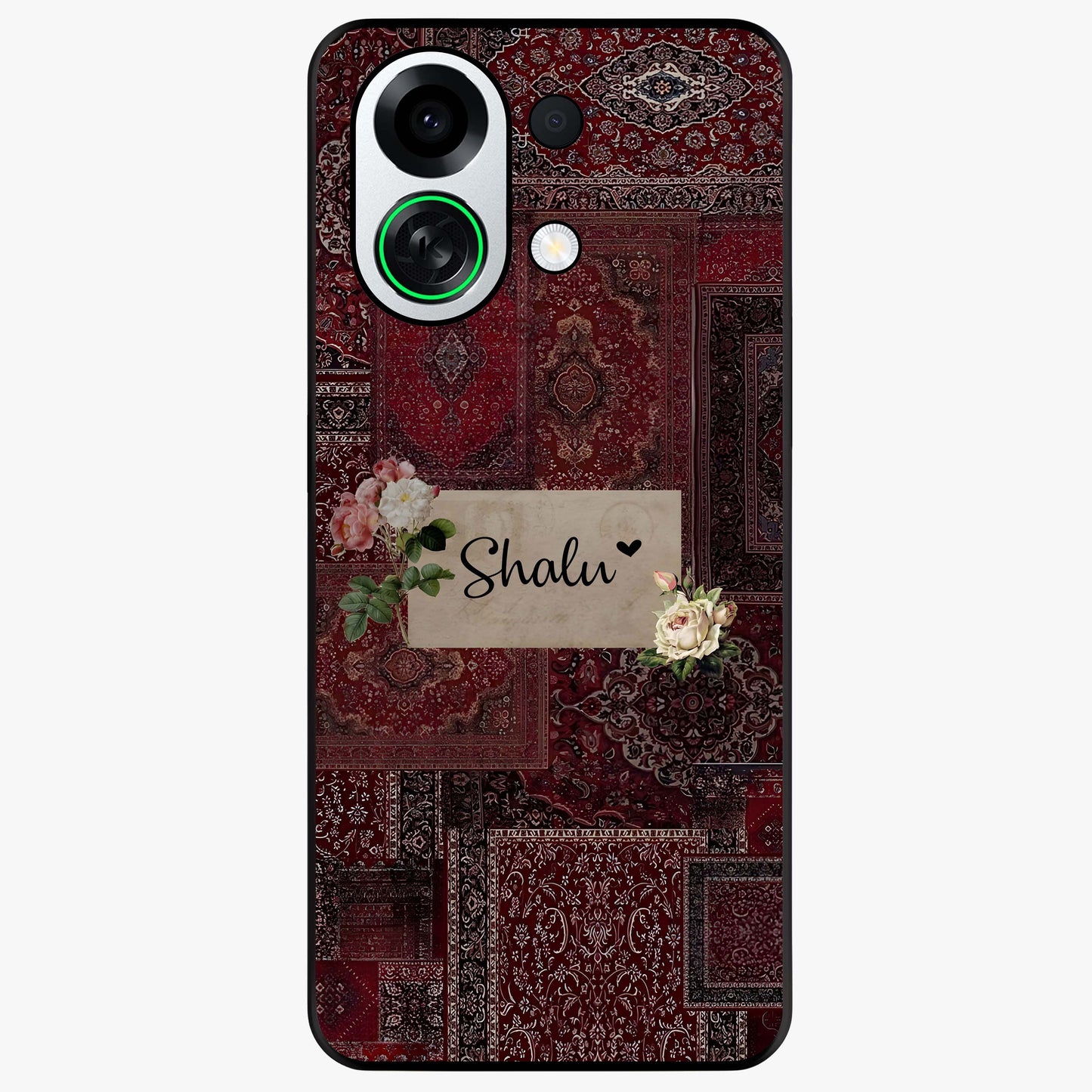 Velvet Wine Pattern Custom Name Glass Case showing flat back view with elegant wine colored pattern artwork and personalized name design.