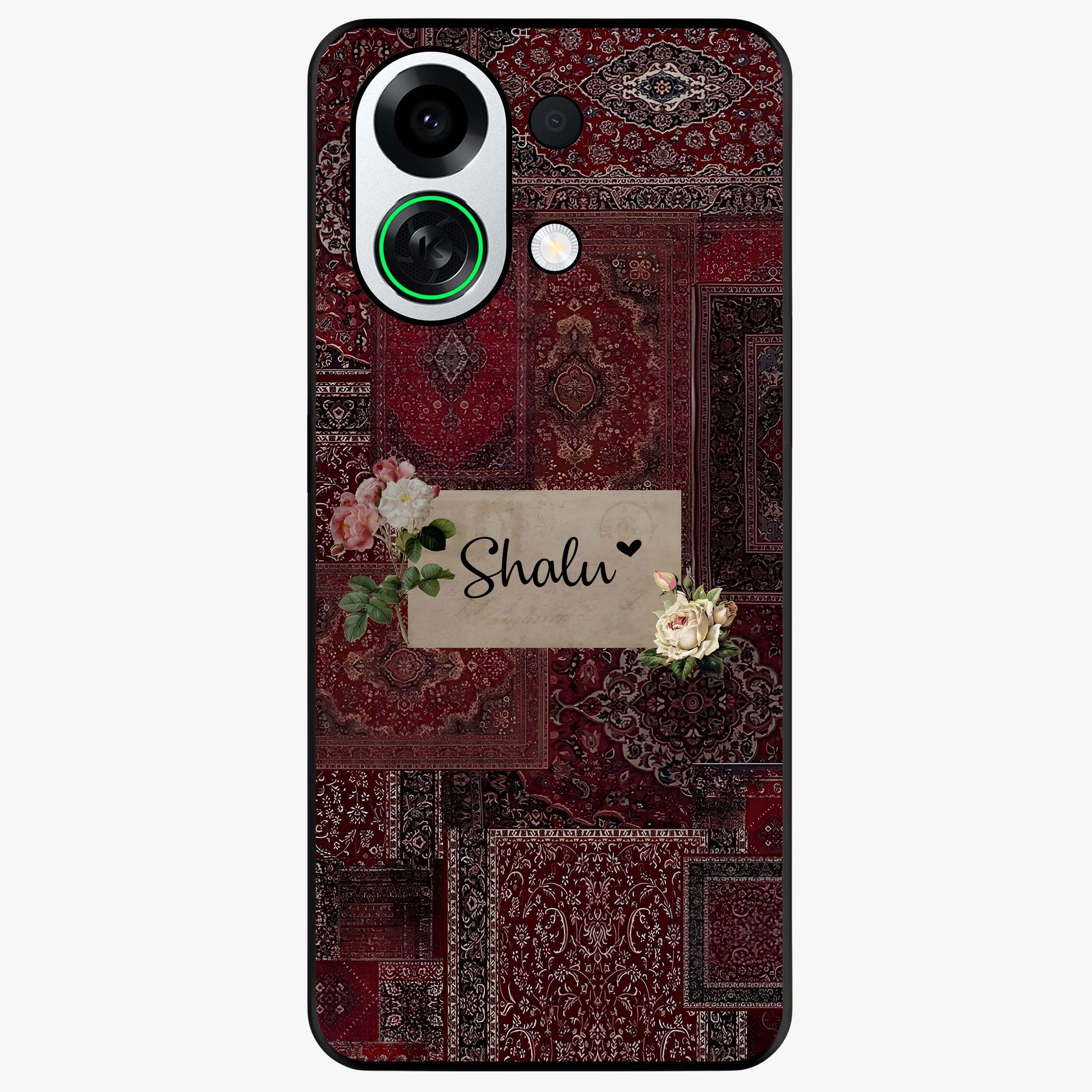 Velvet Wine Pattern Custom Name Glass Case showing flat back view with elegant wine colored pattern artwork and personalized name design.
