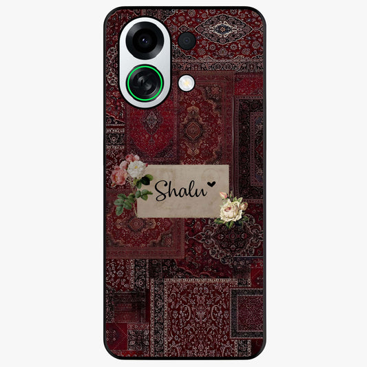 Velvet Wine Pattern Custom Name Glass Case showing flat back view with elegant wine colored pattern artwork and personalized name design.
