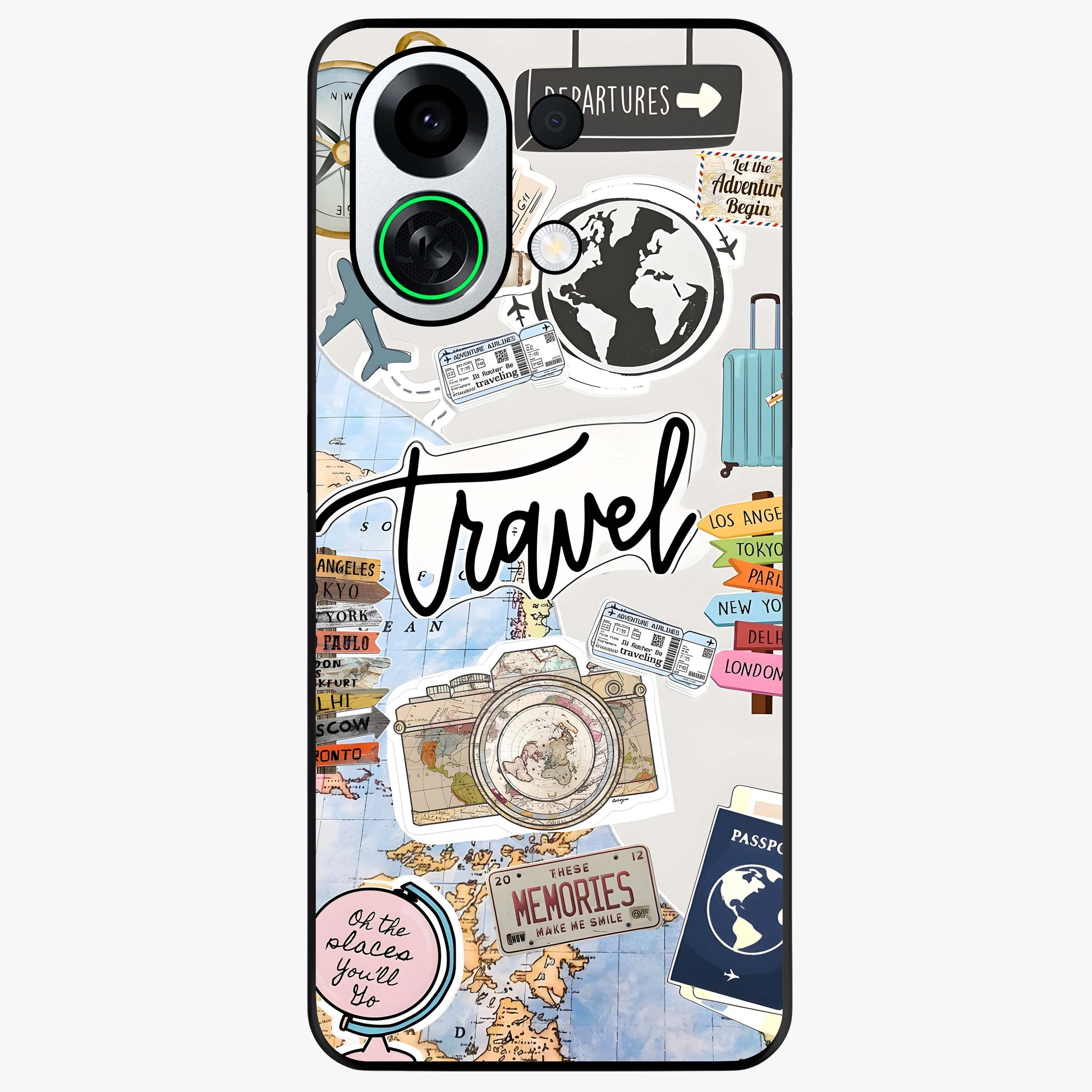 Wanderlust Journal Glass Case showing flat back view with travel inspired artwork and glossy glass finish.