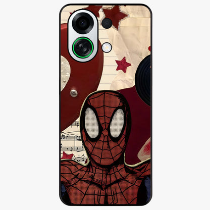 Web Warrior Vibes Glass Case showing flat back view with superhero inspired web themed artwork and glossy glass finish.