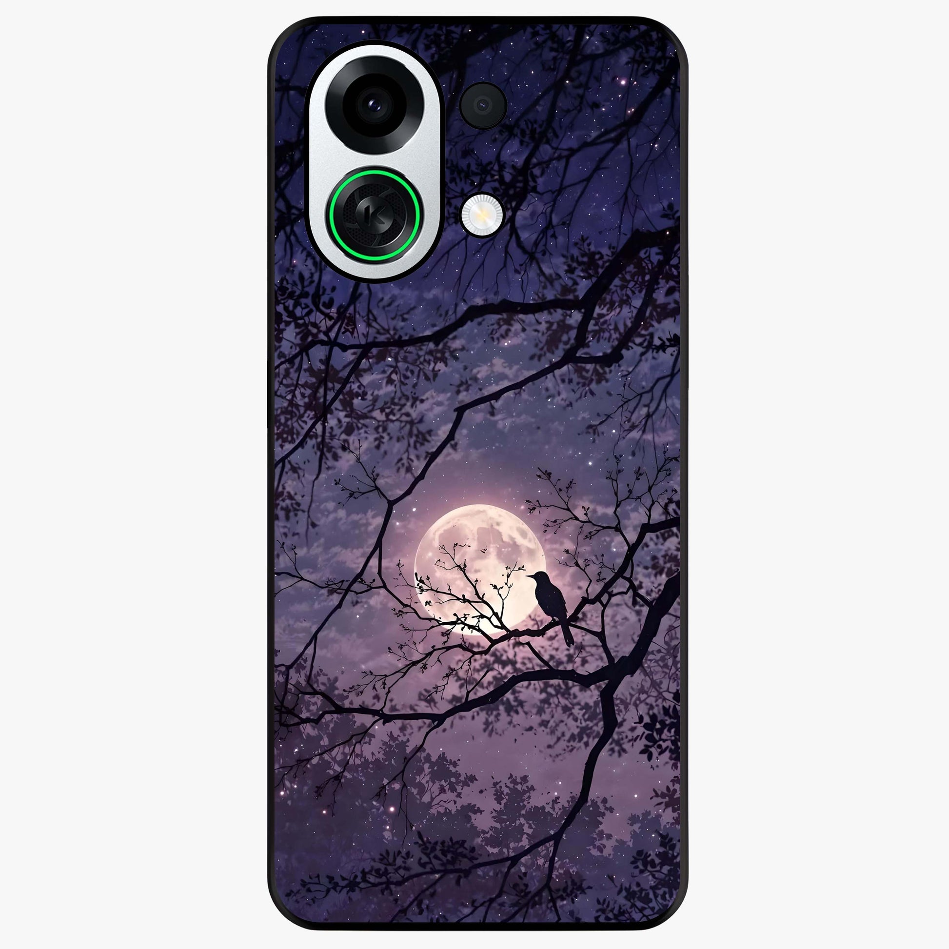 Whispering Moon Silence Glass Case showing flat back view with serene moon themed artwork and glossy glass finish.