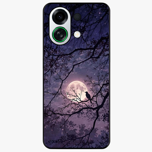 Whispering Moon Silence Glass Case showing flat back view with serene moon themed artwork and glossy glass finish.