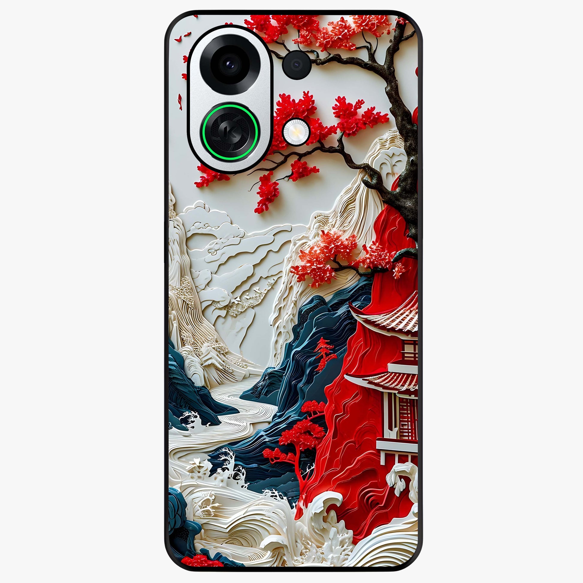 Whispers Of Sakura Waves Glass Case showing flat back view with cherry blossom wave artwork and glossy glass finish.