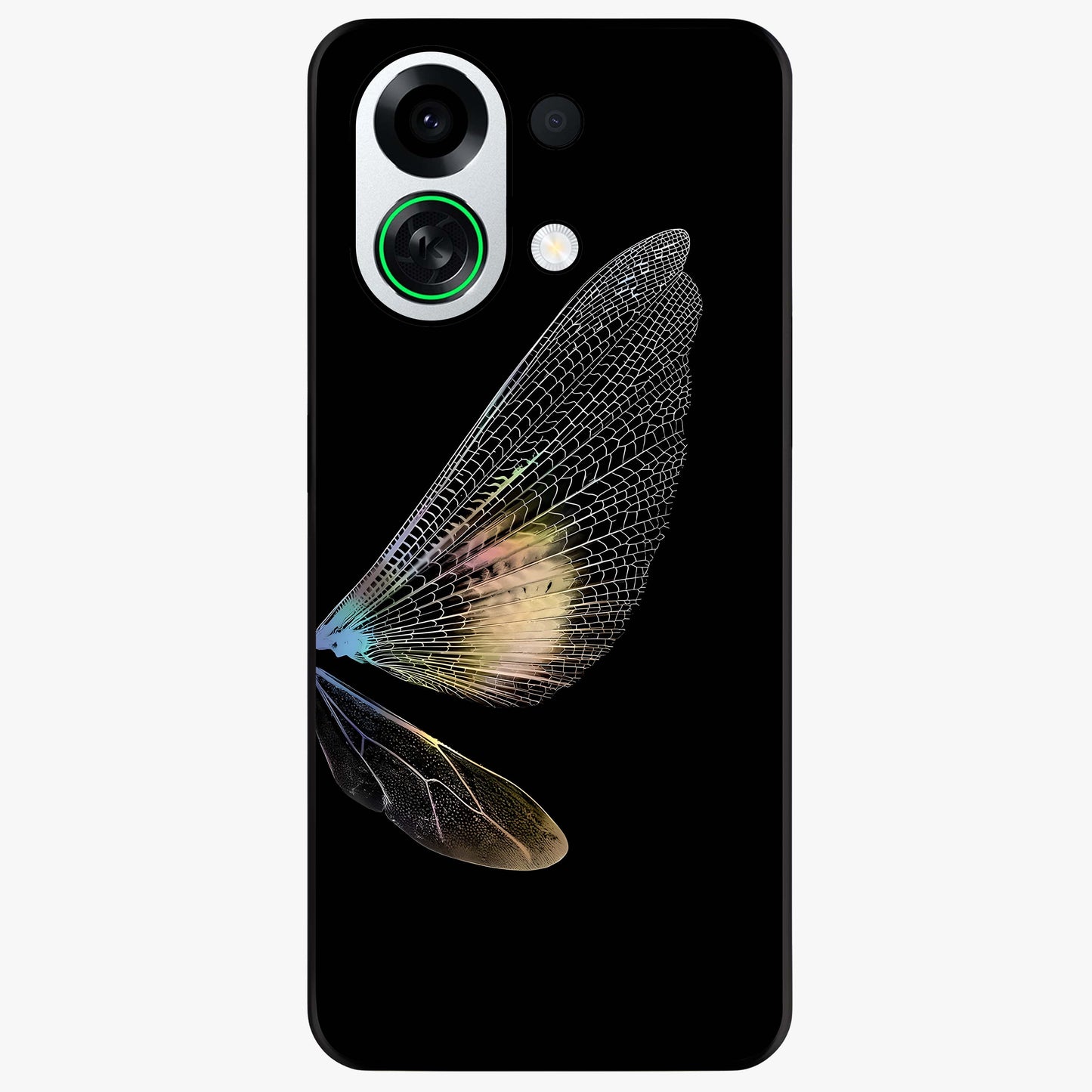 Whispers Of Wings Glass Case showing flat back view with graceful wing inspired artwork and glossy glass finish.