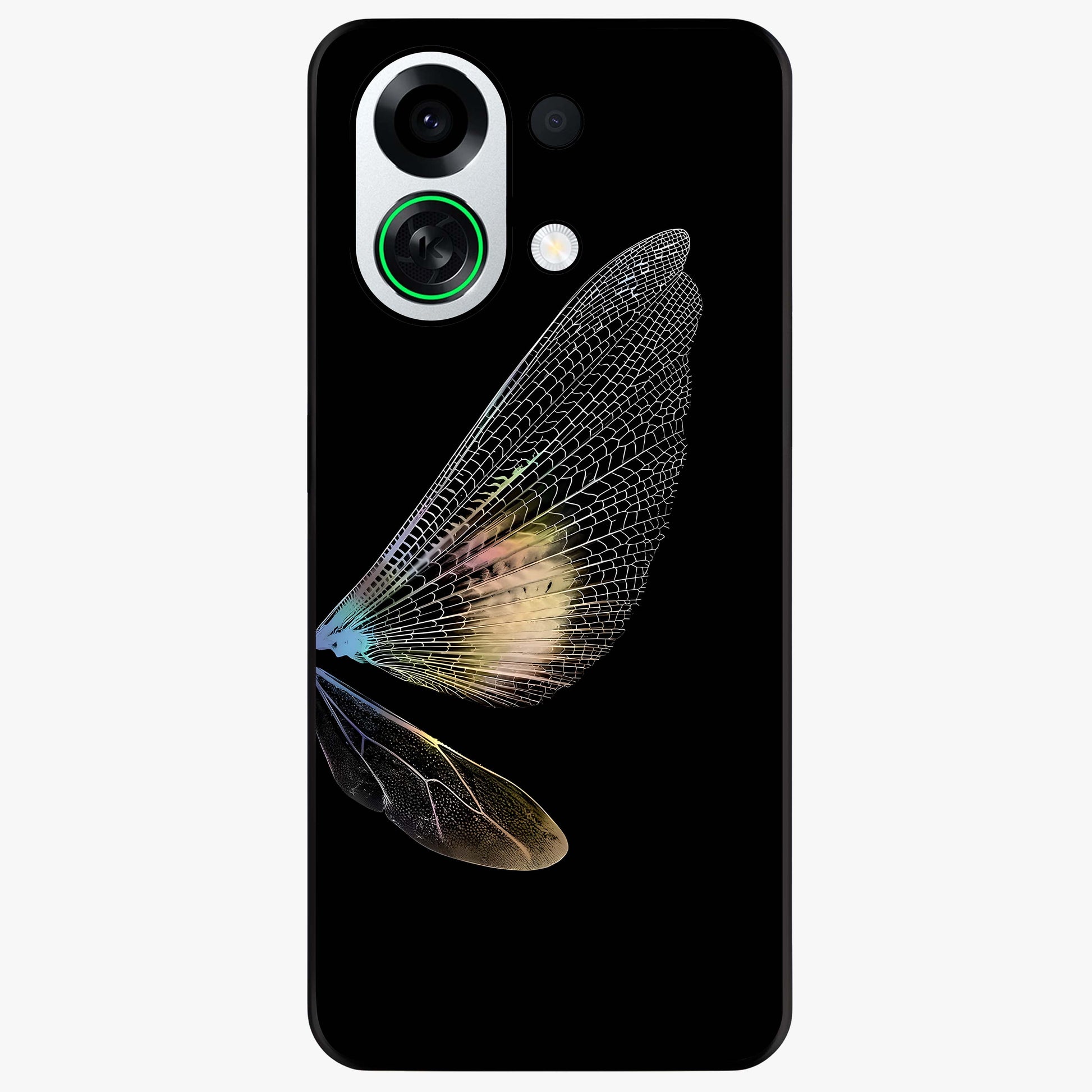 Whispers Of Wings Glass Case showing flat back view with graceful wing inspired artwork and glossy glass finish.