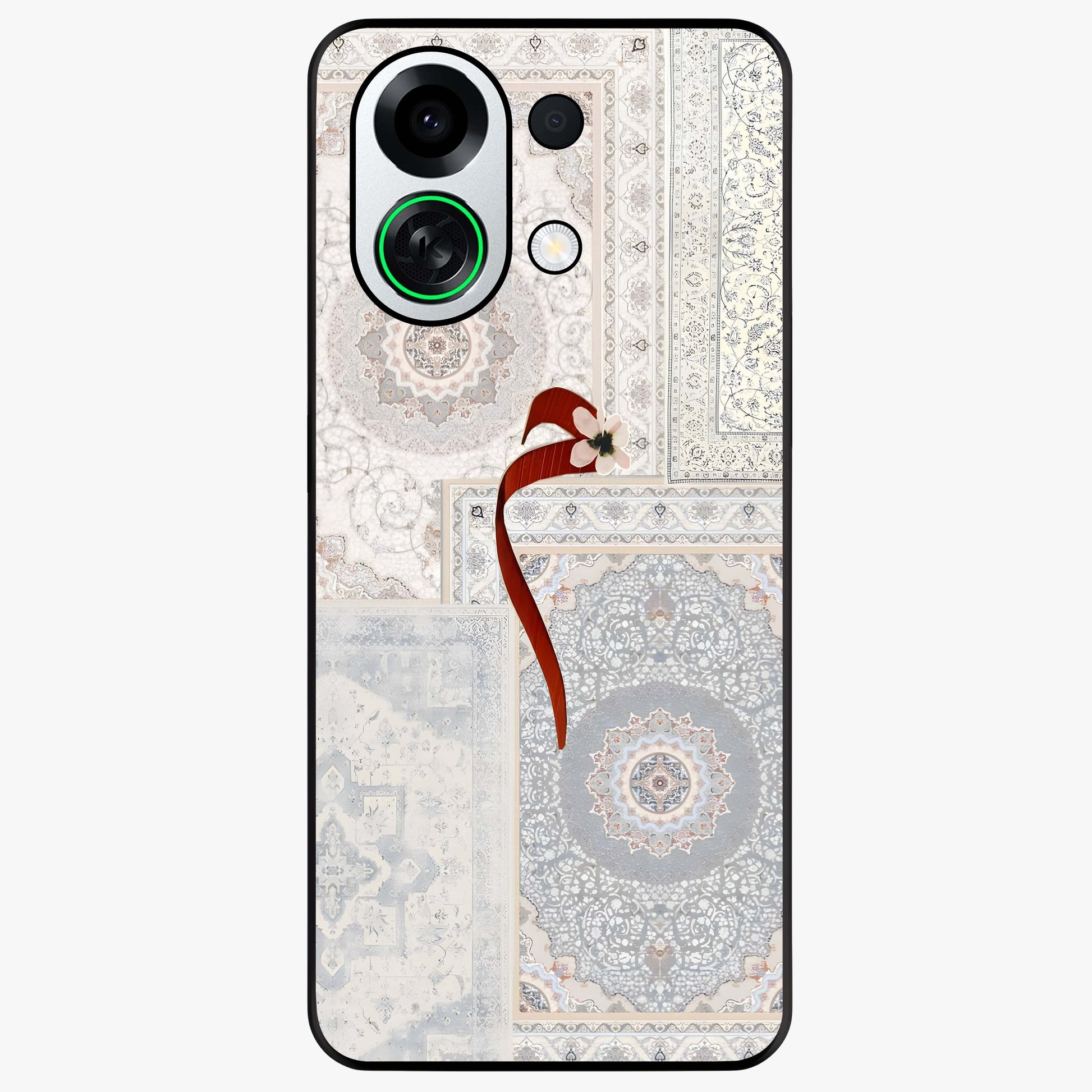 White Aesthetic Bow Glass Case showing flat back view with minimal bow artwork and glossy glass finish.