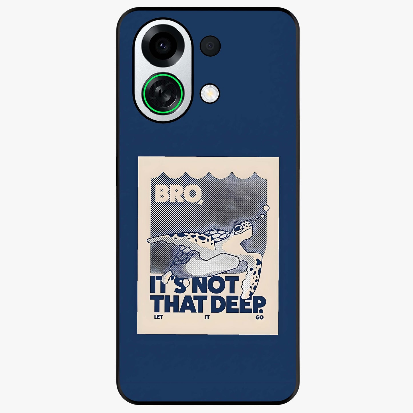 Worry Less Swim Glass Case showing flat back view with playful motivational artwork and glossy glass finish.